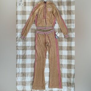LA Kitty NWT Tan and Pink Track Suit Velvet Matching Set